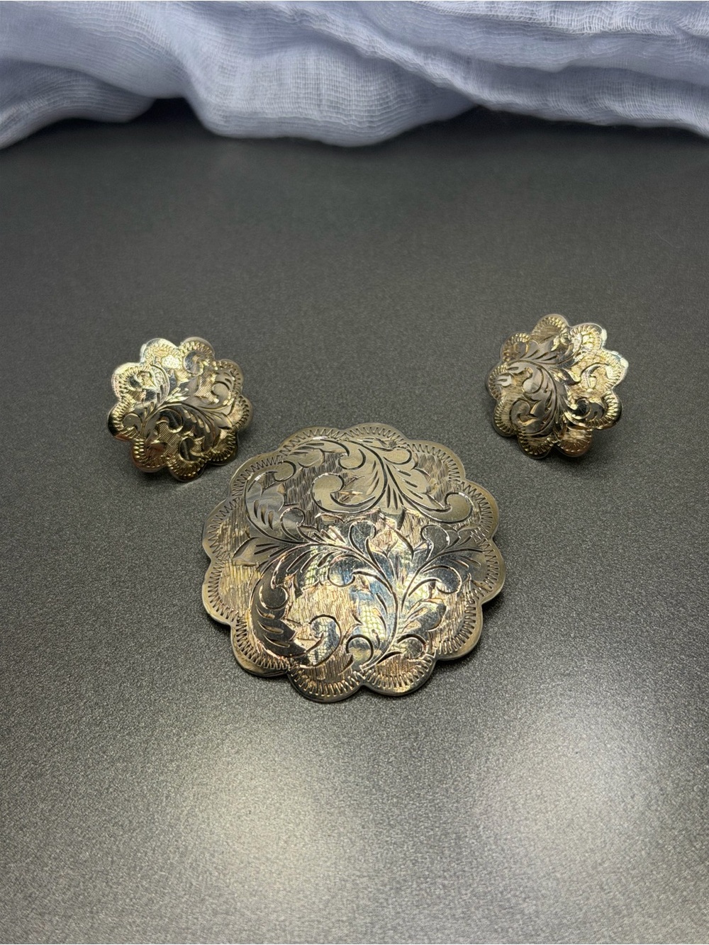 Vintage Floral Engraved Sterling Brooch and Earrings
